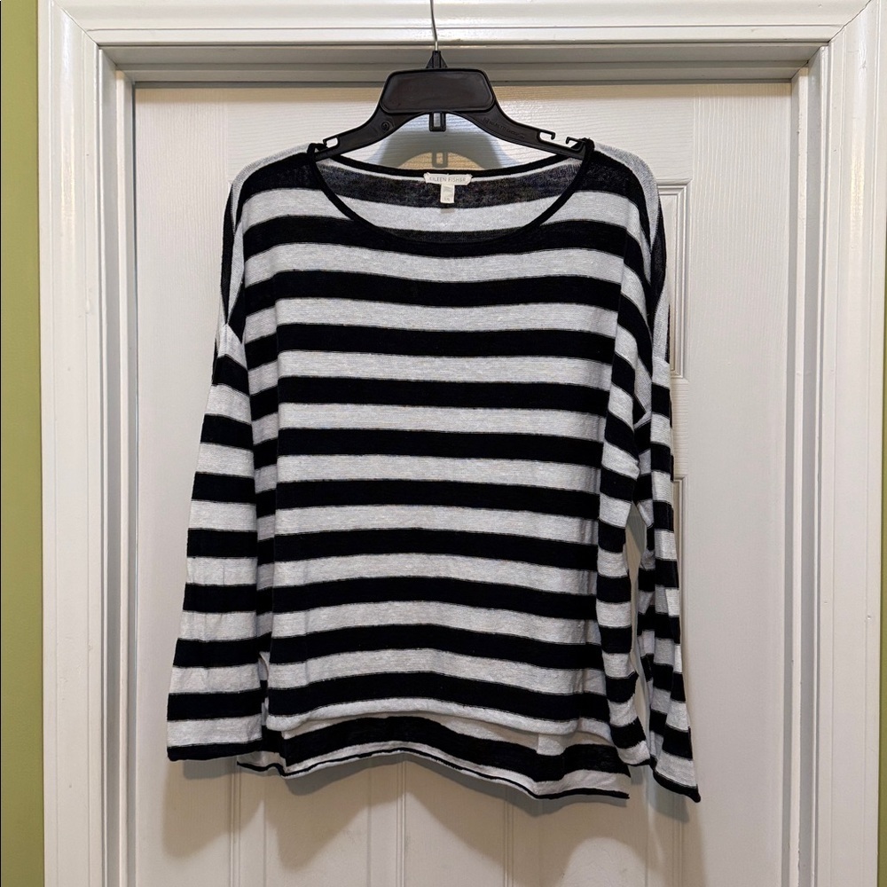 Eileen Fisher Organic Linen Black White Striped Boxy Pullover Sweater Top L